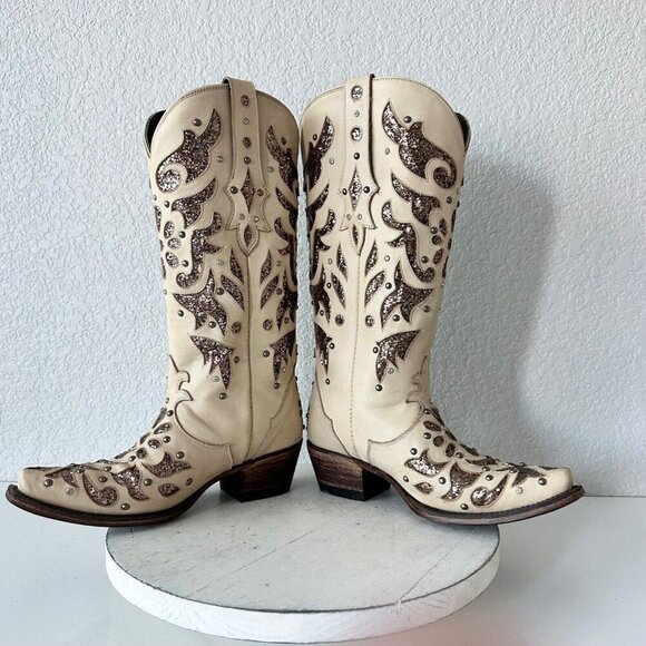 NEW Lane Womens Cowboy Boots 6 Tan Gold Western Cowgirl Mid Calf Pointed Toe - Picture 9 of 14